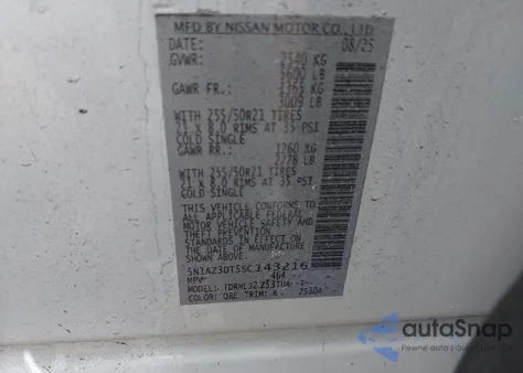 2025 Nissan Murano Platinum z USA, uszkodzony, nr VIN 5N1AZ3DT5SC143216